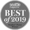 This is a badge from Seattle Magazine that reads "Best of 2019, Readers' Choice Winner."